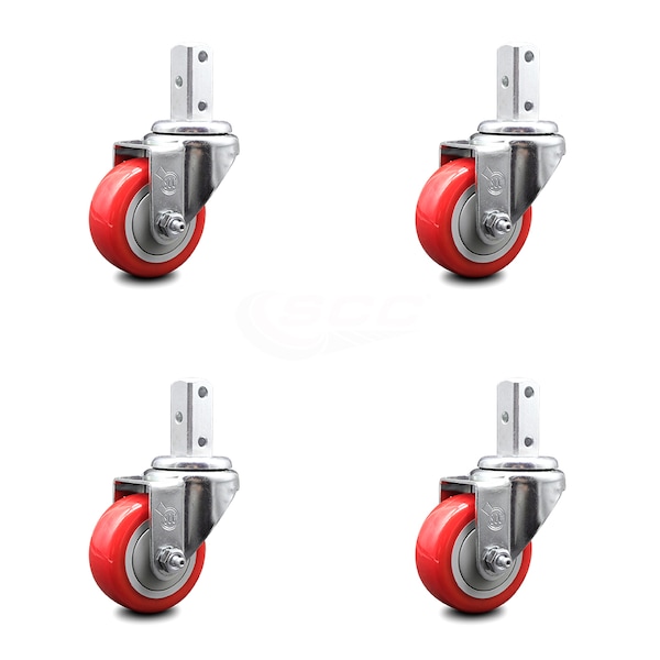 3.5 Inch Red Polyurethane Wheel Swivel 3/4 Inch Square Stem Caster Set SCC